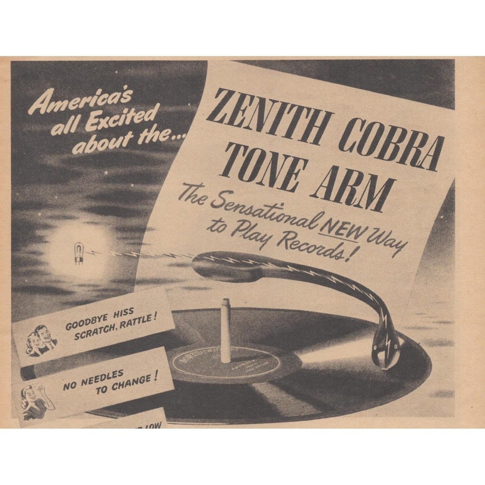 1946 Zenith Cobra Tone Arm Vintage Print Ad Record Player Radio Audio Technology
